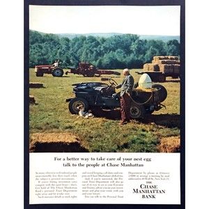 1959 Jeep Willys on Farm photo "Nest Egg" Chase Manhattan Bank vintage print ad